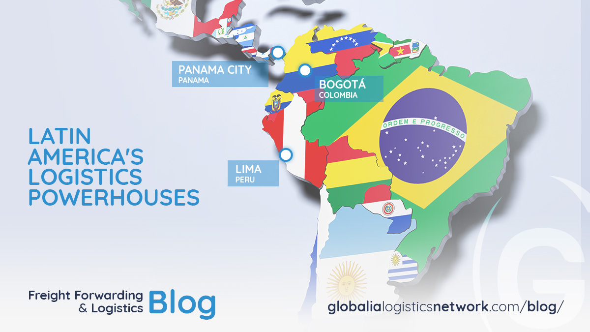 Map of Latin America highlighting key logistics hubs, Lima, Bogotá, and Panama City, showing their strategic positions